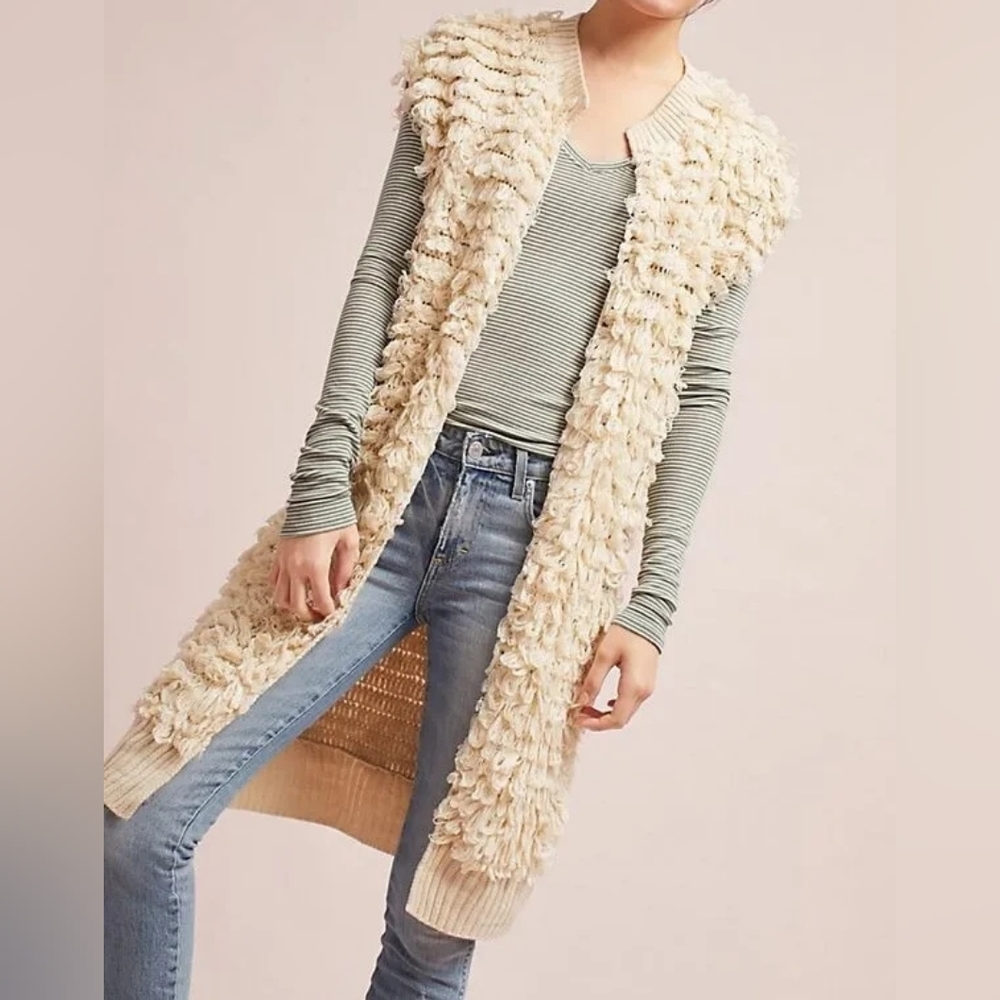 Anthropologie Cream Textured Long Sweater Vest